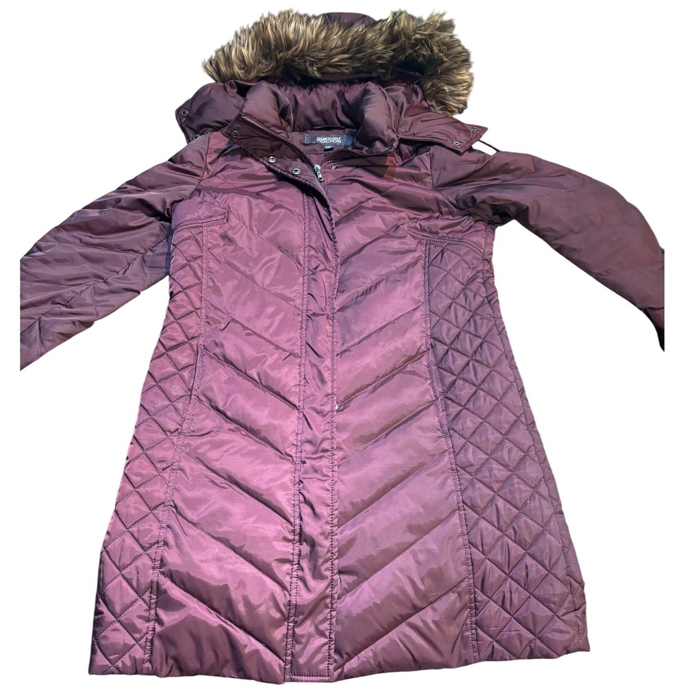 Kenneth Cole Reaction Burgundy Down Puffer Coat Faux Fur Hood Parka Women M